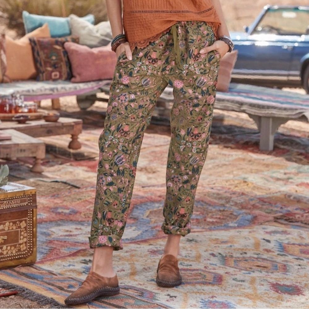 Sundance Women’s Madora Olive Floral drawstring waist trouser pants size XS